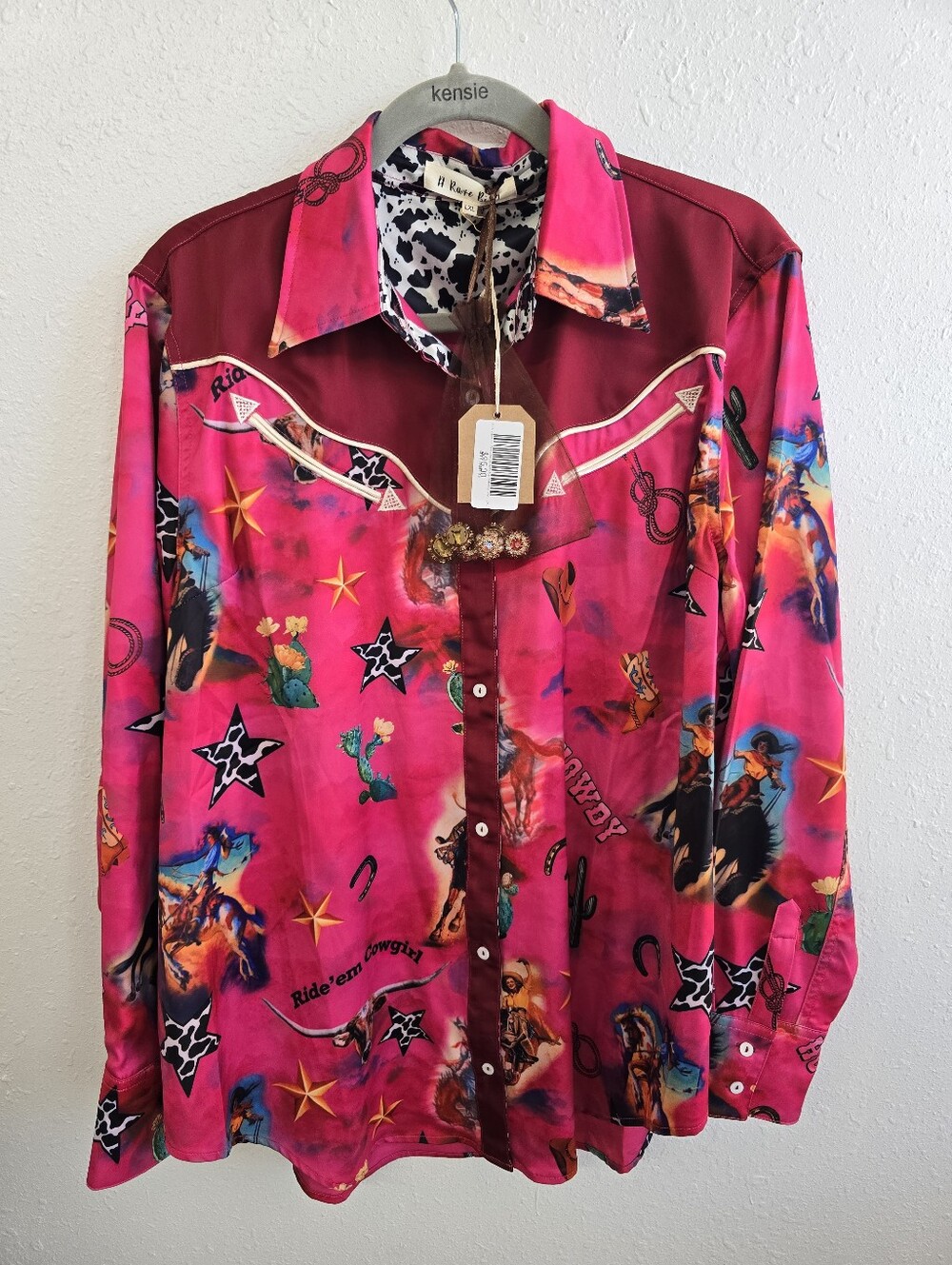 NWT A Rare Bird L/XL Ride 'Em Cowgirl Satin Western Button Down Top Pink